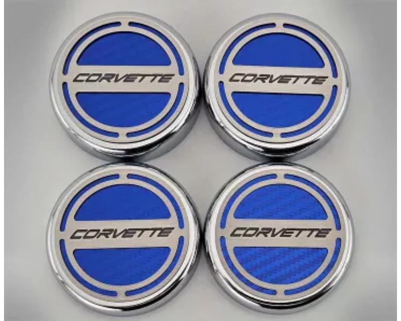 American Car Craft Black Carbon Fiber Cap Cover Set 4pc Stainless Corvette Logo Chevrolet C8 Corvette Coupe 2020-2024 - ACC-883060-BLK