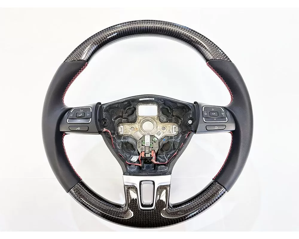 Volkswagen Golf | Jetta | Passat | CC | Tiguan 2008-2015 OEM Upgraded Steering Wheel Carbon Fiber Red Stitching Leather Grips - VR-VWMK6-STR-WHL-CFRD