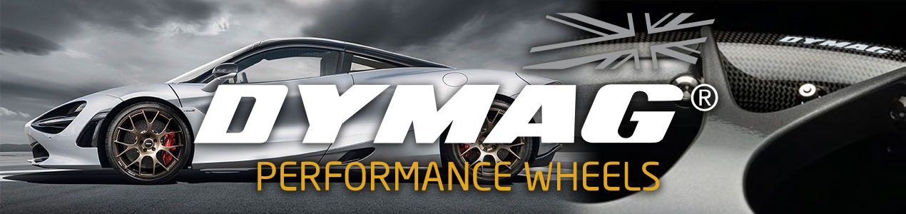 Dymag banner with McLaren 720s and upclose shot of carbon fiber wheel